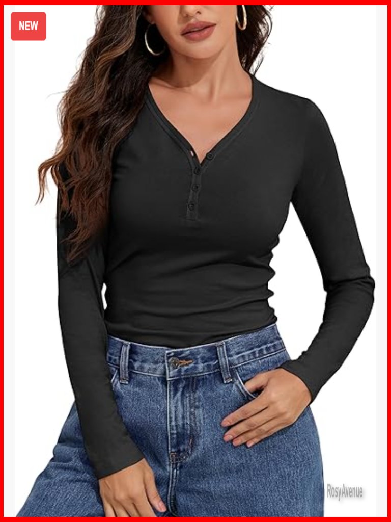 Cotton Long Sleeve Henley T-Shirt Slim Fit V Neck Basic Tee